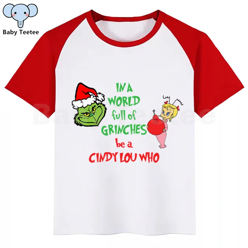 Футболка для девочек и мальчиков Grinch Детская футболка с принтом забавная мультипликационная кавай-девочка, Топ Harajuku, белая футболка с круглым вырезом и короткими рукавами для мальчиков