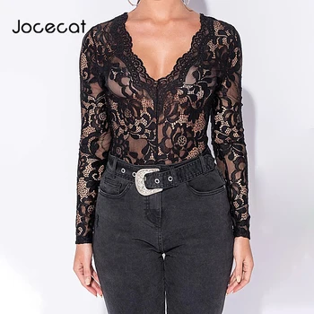 

2019 long sleeve lace see-through V-neck sexy bodycuit autumn winter women club streetwear outfits bodycon body
