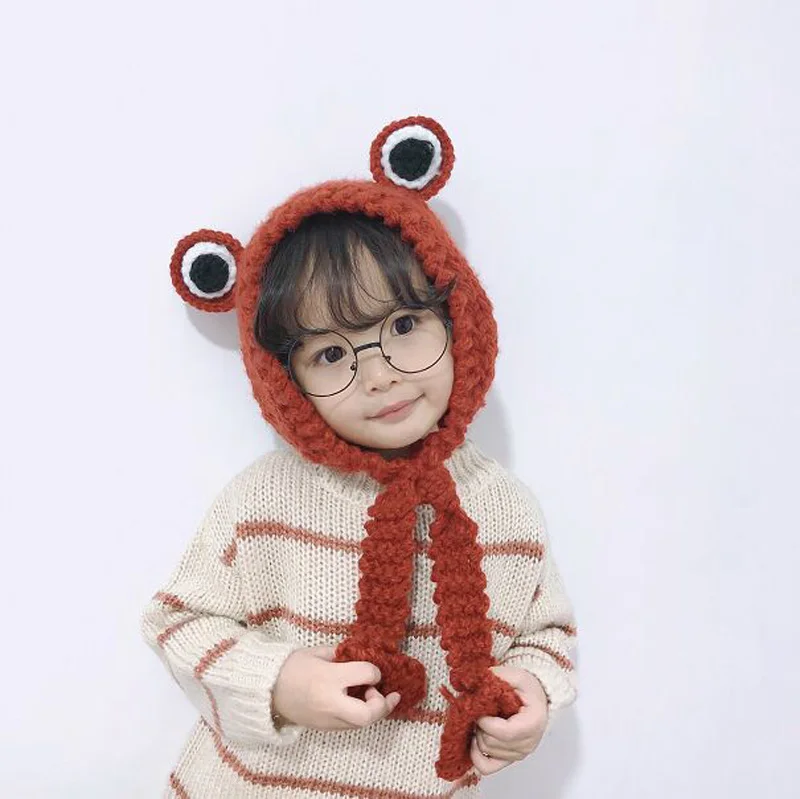 XEONGKVI/Корейская детская вязаная шапка с милой лягушкой из мультфильма, осенне-зимняя брендовая шапка для защиты ушей, повязка для волос, шапочки, Детские кепки
