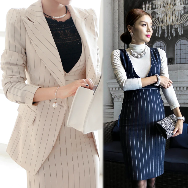 

women's suits office autumn winter Striped fashion business 2 piece suit skirt top women's suit with a skirt blazer set ladies