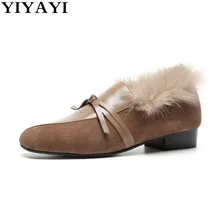 Лоферы на меху; женская обувь на плоской подошве с квадратным носком; Женская Повседневная зимняя обувь из натуральной кожи; коричневые модельные туфли; chaussures femme