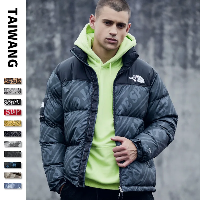 

Men Coat Plus Size 3XL Stand Collar Parka Men Printed Letter Mens Winter Jacket Warm Casual Hip Hop Hooed Cotton Padded