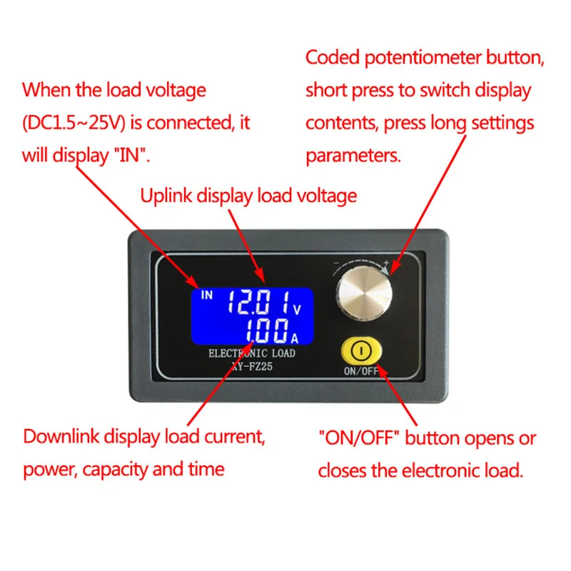 XY-FZ35 Adjust Constant Current Electronic Load 1.5v~25v 5A 35W Battery Tester Discharge Capacity Meter With TTL Communication
