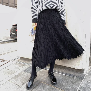 

2020 Korean Midi irregular Knitted skirt Women A-Line Skirts Ladies Streetwear Plus Size High Waist Autumn Winter Tassel skirt