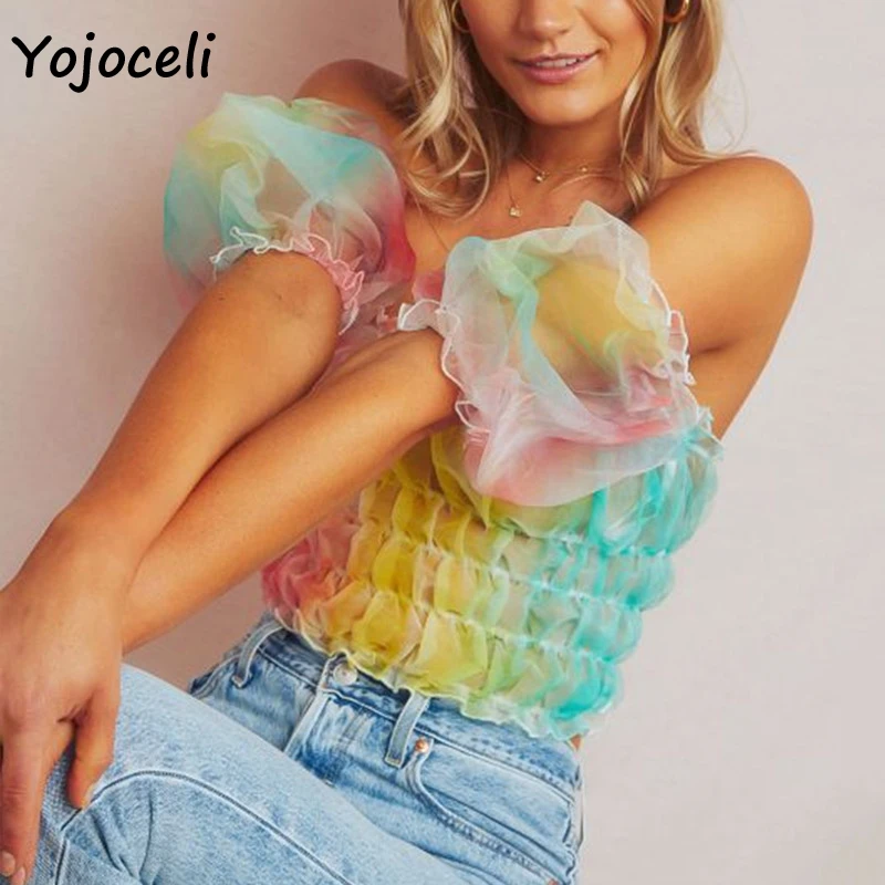 Женская блузка с пышными рукавами Yojoceli разноцветная сетчатая открытыми плечами