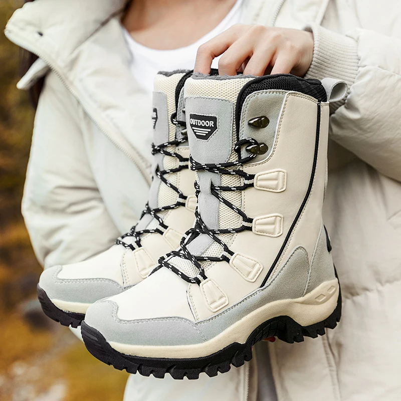 beige ERNESTNM/женские ботинки; Лидер продаж; теплые зимние плюшевые водонепроницаемые женские ботинки до середины икры; черные ботинки из искусственной кожи; женские ботинки; botas mujer; большие размеры - Цвет: beige