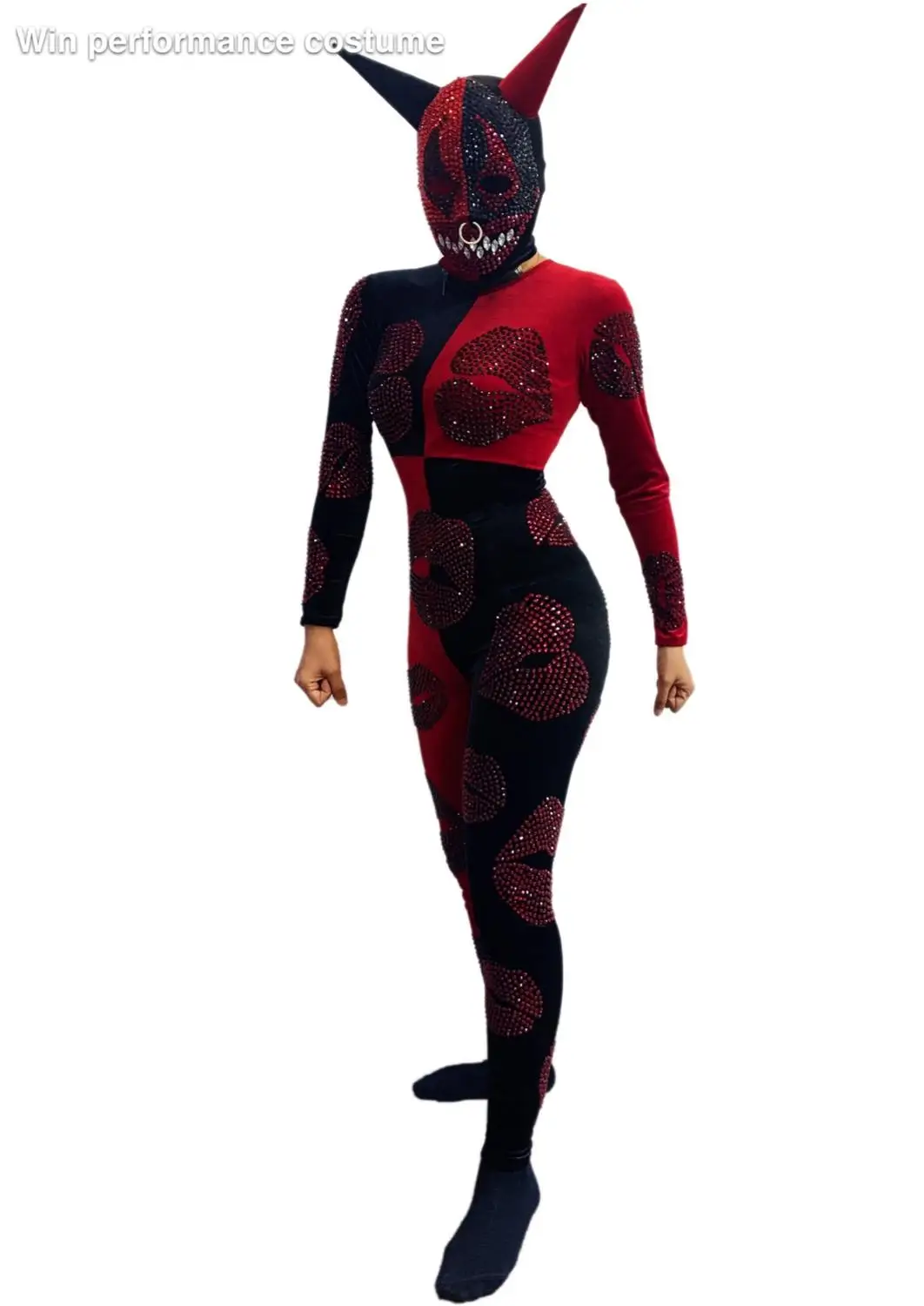 Halloween Outfit Bodysuit Singer Party Show Shining Wear Stage Rhinestone CostumeRed ghost head mask headgear Cosplay Adult Scar