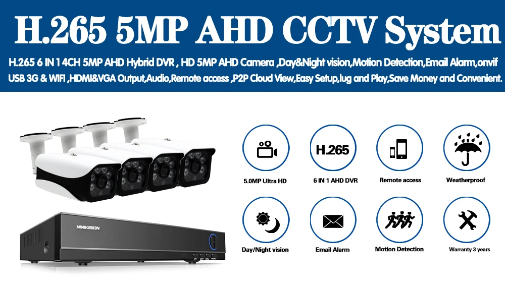 4CH 5MP Ultra HD CCTV камера системы 6 в 1 H.265+ DVR с 4 шт. 5MP TVI Всепогодная белая система видеонаблюдения Комплект