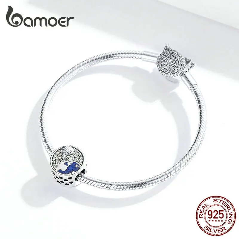 Bamoer, круглые металлические бусины для женщин, амулеты, серебро 925, браслет и браслет, ювелирные изделия, воздушный шар, Голубая Эмаль, Шарм SCC1345
