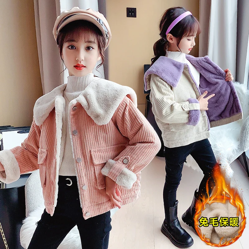 

HOT Girls' Winter Jacket Thickened Winter Parka 4-13 Years Old Large Pocket Stitching Baby Corduroy Large Lapel Cotton Jacket