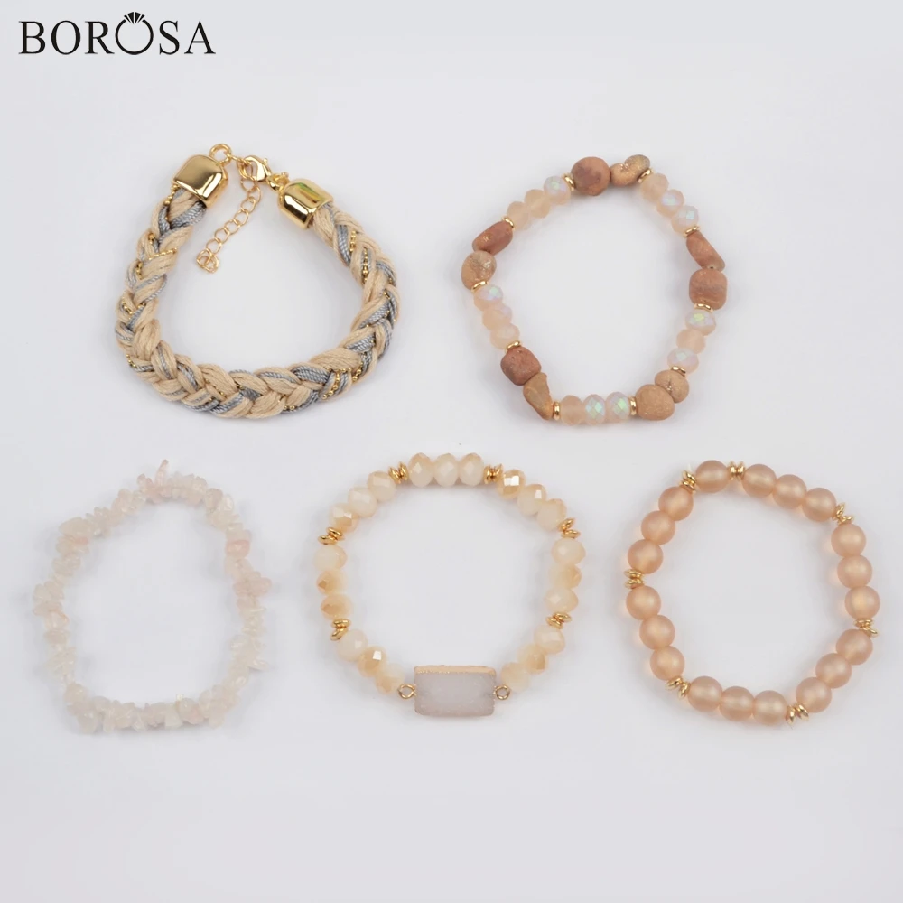 BOROSA 5 комплектов(5 шт./компл. разных Браслеты) светло-коричневый натуральный кулон agates druzy с украшением в виде кристаллов бисера Стекло бусины браслет наборы ювелирных украшений ювелирные изделия WX1185