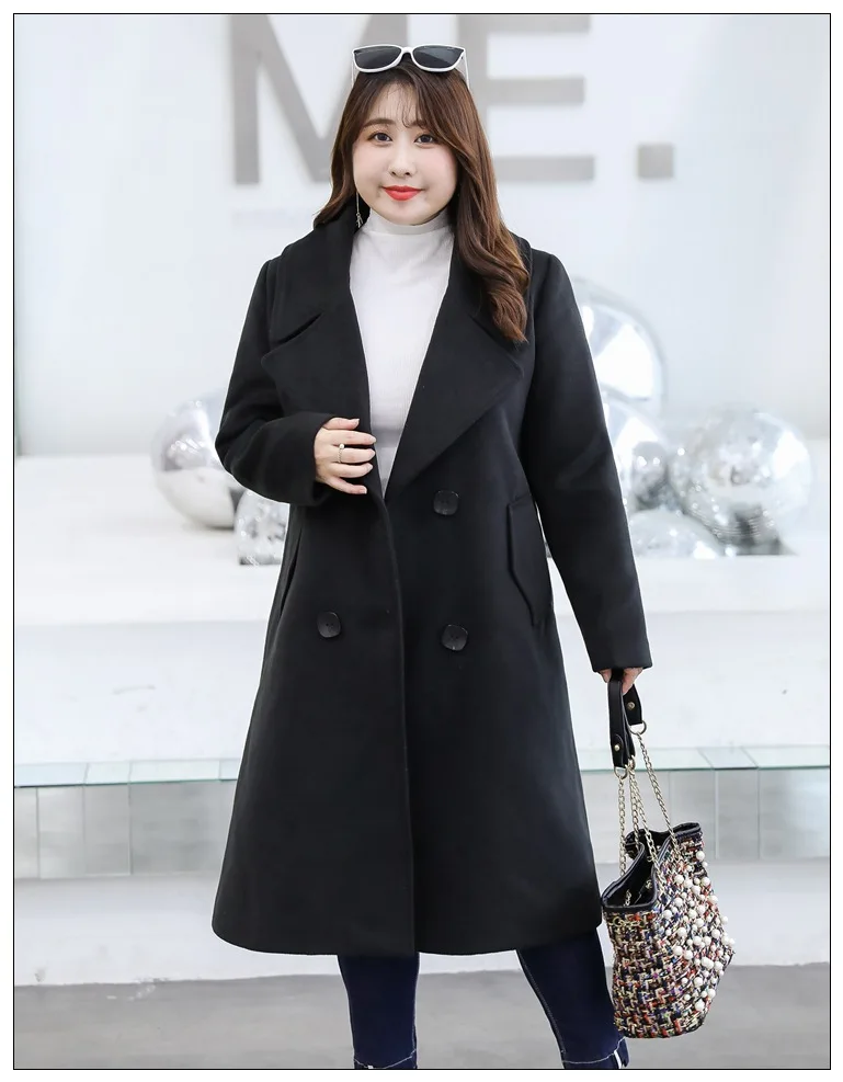 Осенне-зимнее женское пальто размера плюс, повседневное свободное шерстяное пальто с длинным рукавом, плащ-пыльник, пальто большого размера черного цвета 4XL 5XL 6XL 7XL 8XL