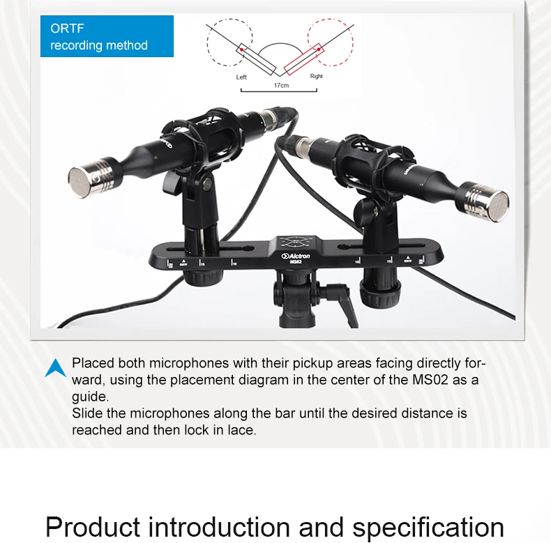 Alctron MS02 professional stereo recording bar multiple recording way visually adjustable with scale 180°adjustable