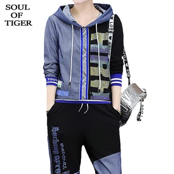 

SOUL OF TIGER Autumn Korean Luxury Brand Ladies Fitness Two Pieces Sets Womens Casual Punk Suits Hooded Printed Tops And Pants