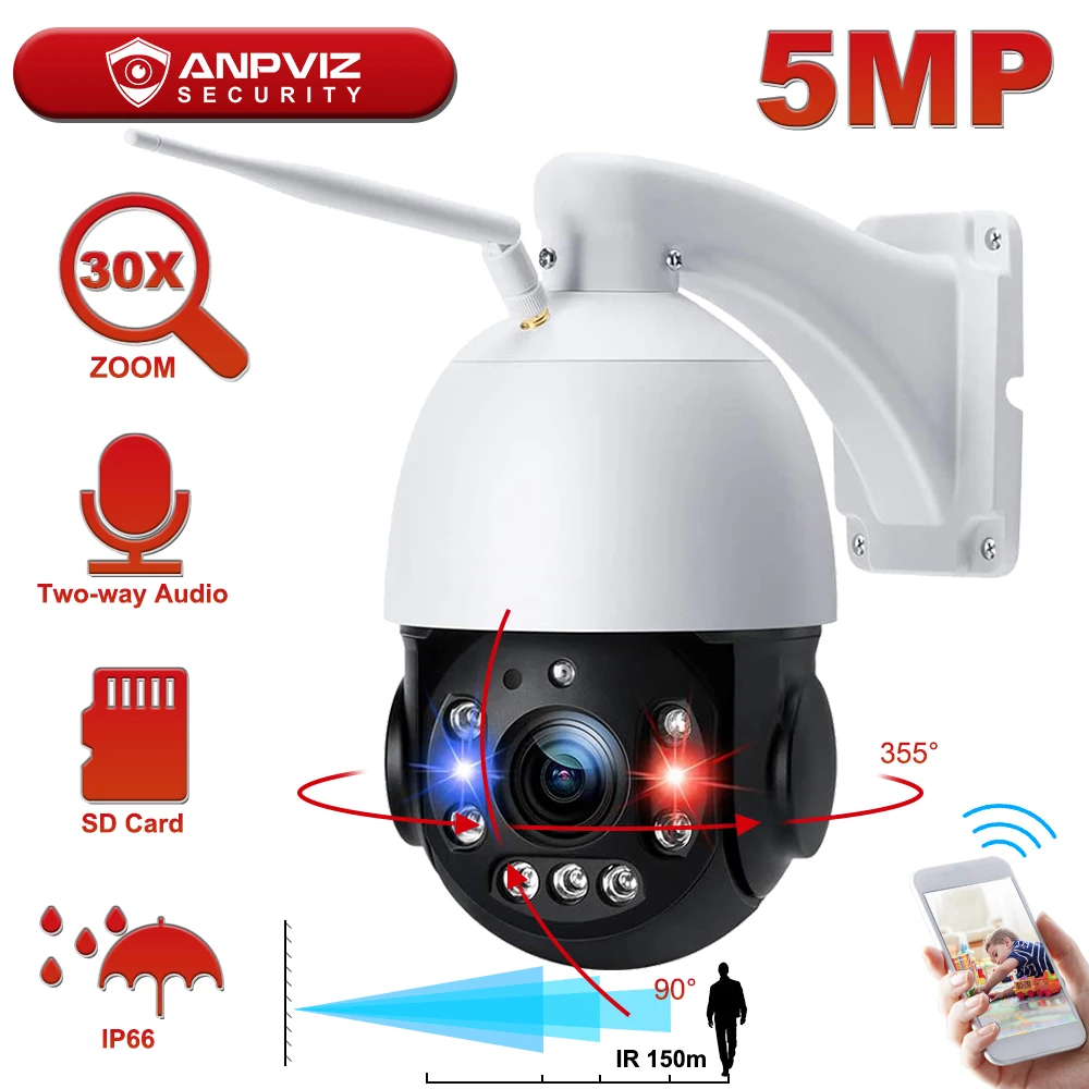 IP-камера Anpviz уличная купольная 5 МП Wi-Fi PTZ 30-кратный зум 4 7-94 мм 150 м | Безопасность и