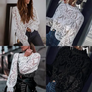 

Lace Chiffon Shirt Female Perspective Hollow Crochet Trick Sweet Sexy Wild Fashion Long Sleeve High Collar Professional Style