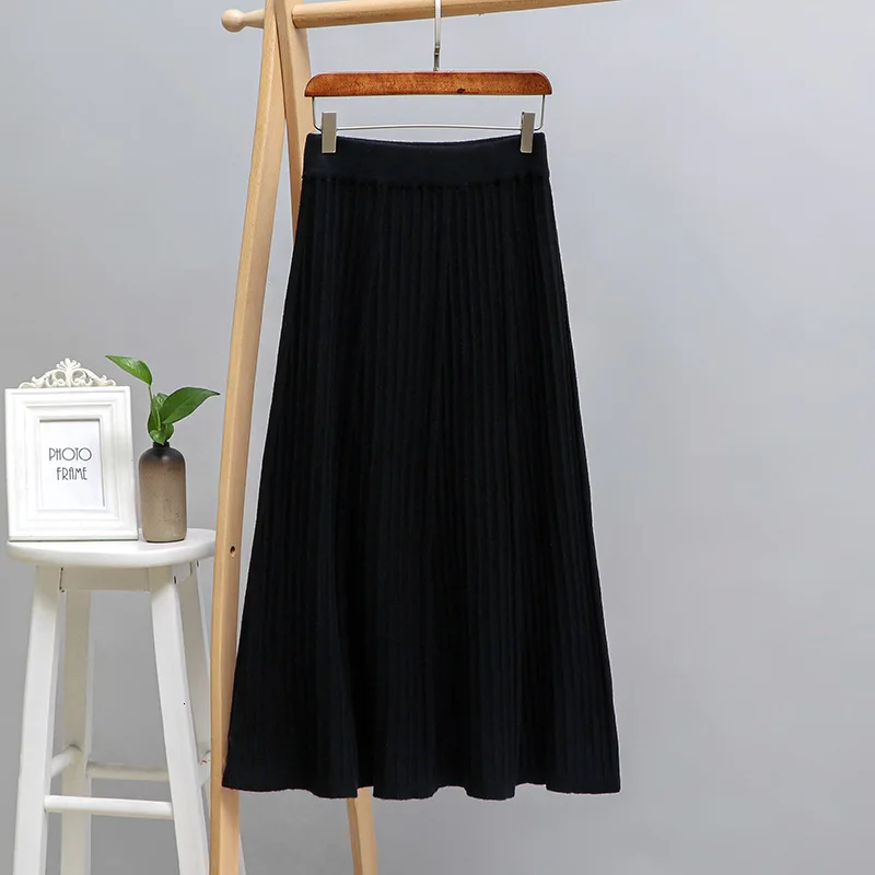 MEVGOHOT/Осенняя Женская трикотажная юбка с высокой талией, плиссированная полосатая длинная теплая трикотажная юбка большого размера, кашемировая юбка для дам HD1066