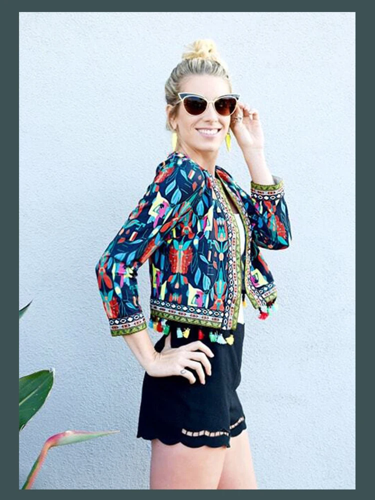 discounted  Sheinside Black Tribal Print Tassel Trim Outerwear With Embroidered Tape Detail Fall Women Long Sle