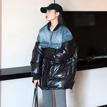 

Down Cotton Jacket Women 2020 Winter New Fashion Korean Loose Denim Patchwork Shiny Mid-length Coat Streetwear Female Hiver DH98