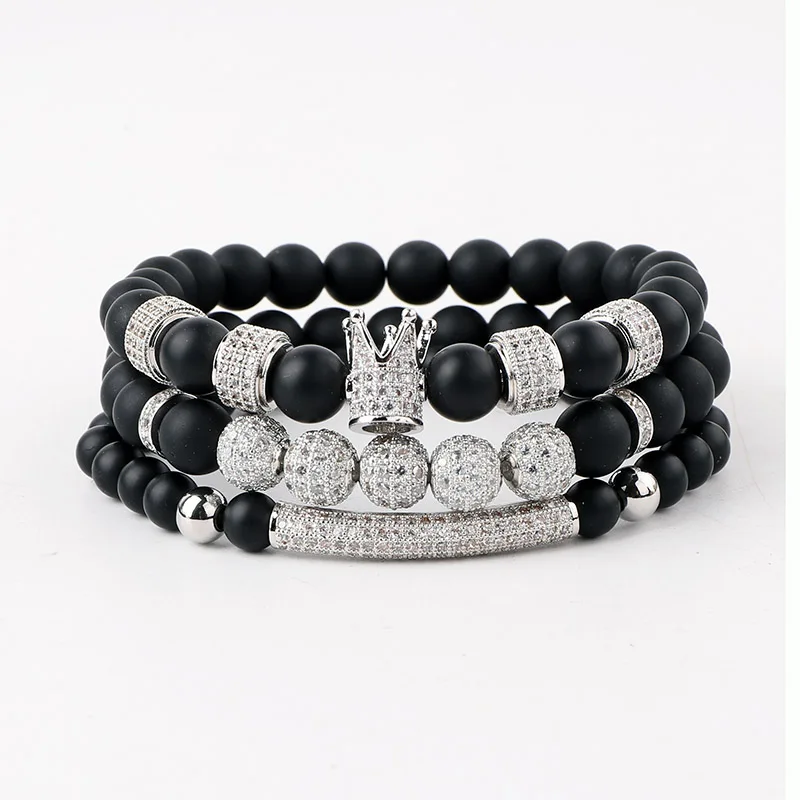 JARAVVI Luxury Design CZ Pave Crown Charm Natural Stone Matte Onyx Elastic Bracelet Set Men Jewelry Gift - Image 2
