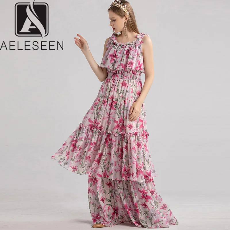 AELESEEN элегантное платье с бантом на бретельках для торта женское осеннее Новое поступление роскошное длинное платье с драпированными оборками с эластичной резинкой на талии