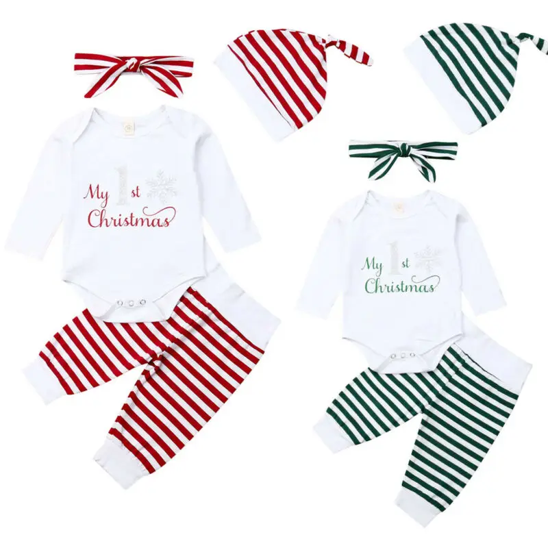 

0-24M Xmas Newborn Baby Girl Boy Christmas Clothes Romper Top Striped Pants Outfit