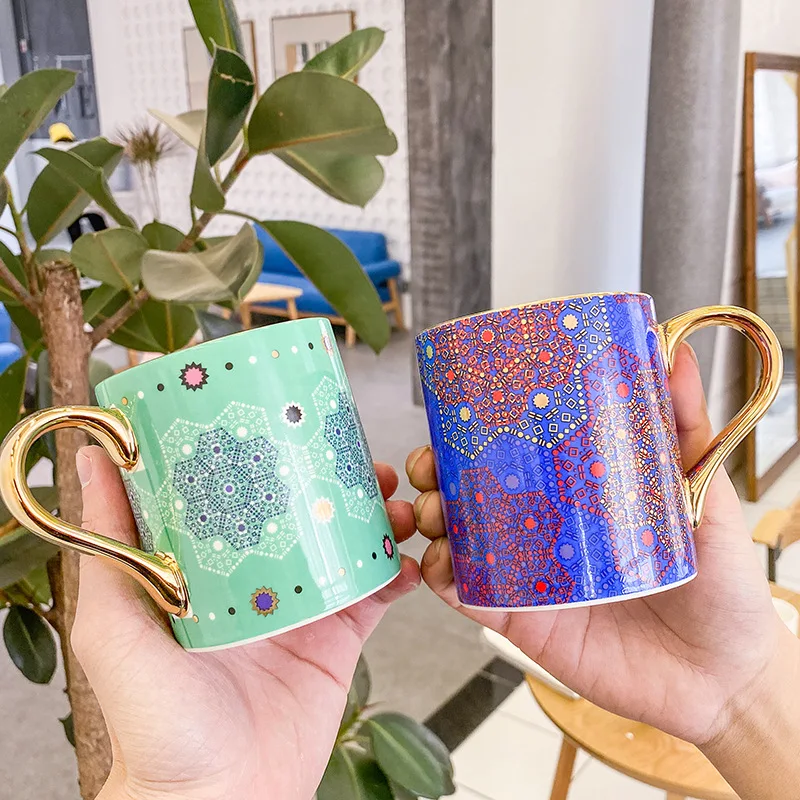 Кофейная кружка с уникальным рисунком, золотая ручка, чашка 350 мл, роскошные кофейные керамические кружки, Офисная чашка, посуда для напитков, чашка, подарок