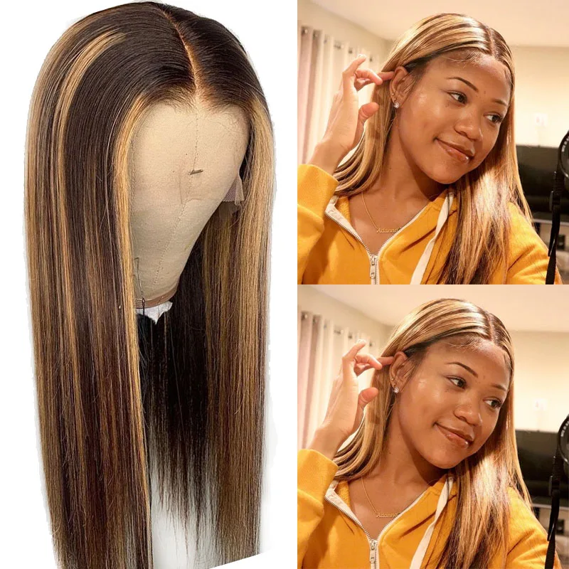 Highlight Honey Blonde Ombre Human Hair Wig Brown Long Straight