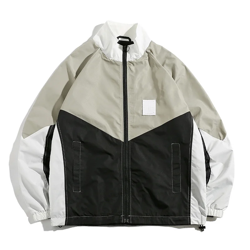 

2019 Men's Spring New Casual Stitching Contrast Color Stand Collar Zipper Jacket Loose Temperament Tide Cotton Streetwear