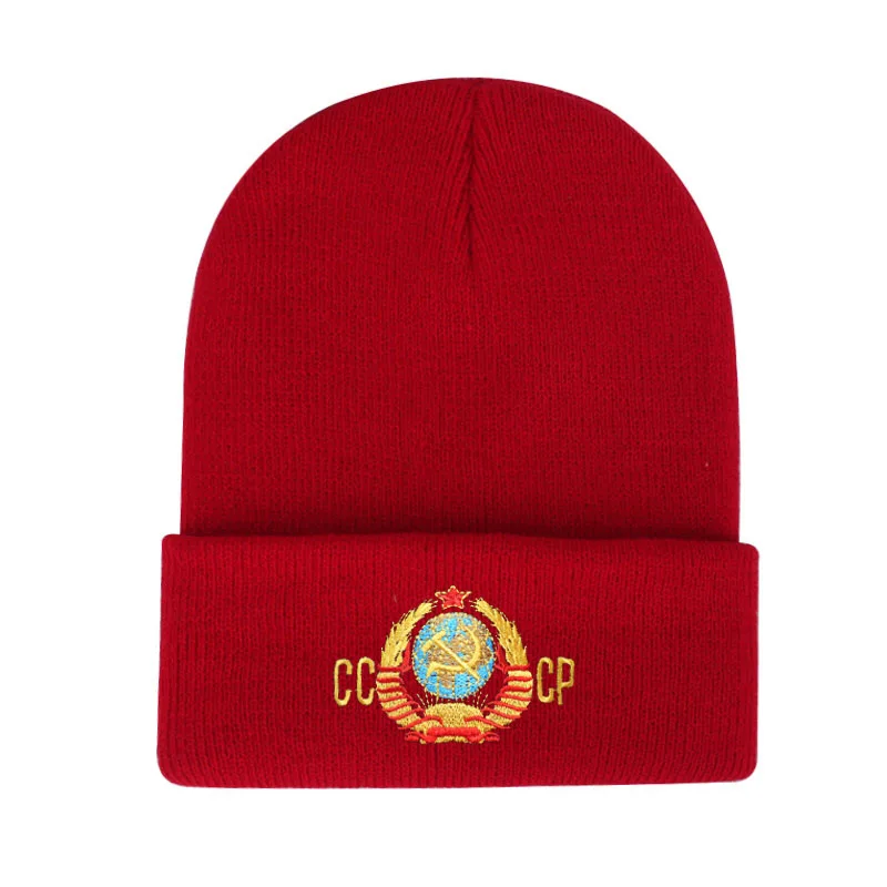 Вышивка CCCP мужская вязаная шапка Skullies зимние вязаные шапочки для мужчин двухслойная теплая шапка шапки для мальчиков лыжные кости