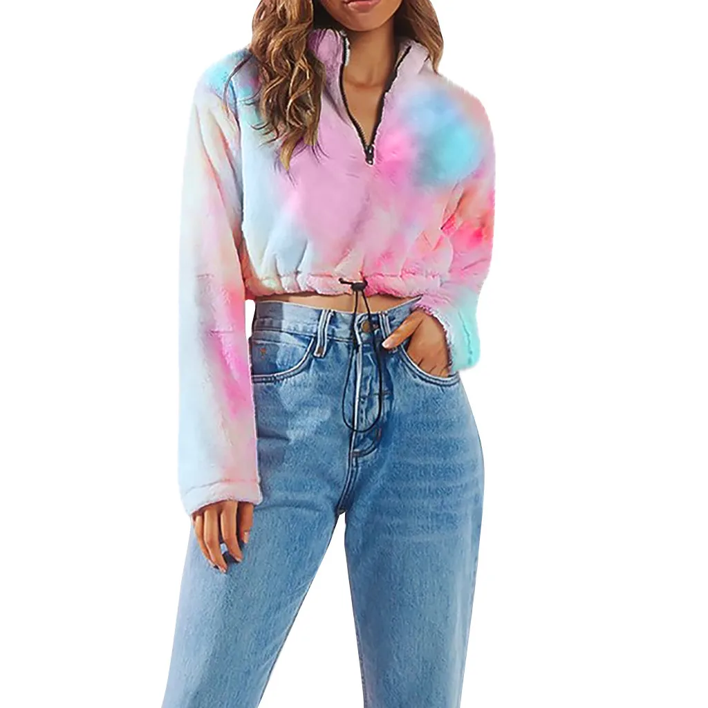 Tie Dye худи укороченный женский осенне-зимний Пуловер короткий Свитшот плюшевый на молнии с длинным рукавом укороченный Топ Футболка с водолазкой