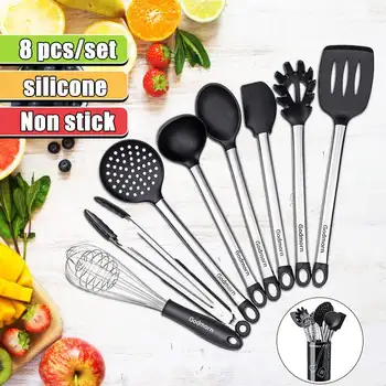 

9 Pcs/Set Cookware Sets Cooking Tools Stainless Steel Utensils Silica Gel Handle Kitchenware Non-Stick Shovel Spoon With Holder