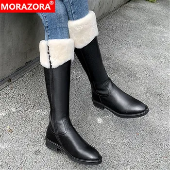 

MORAZORA 2020 New Arrival Knee High Boots Genuine Leather Boots Winter Keep Comfortable Warm Black Beige Color Women Boots