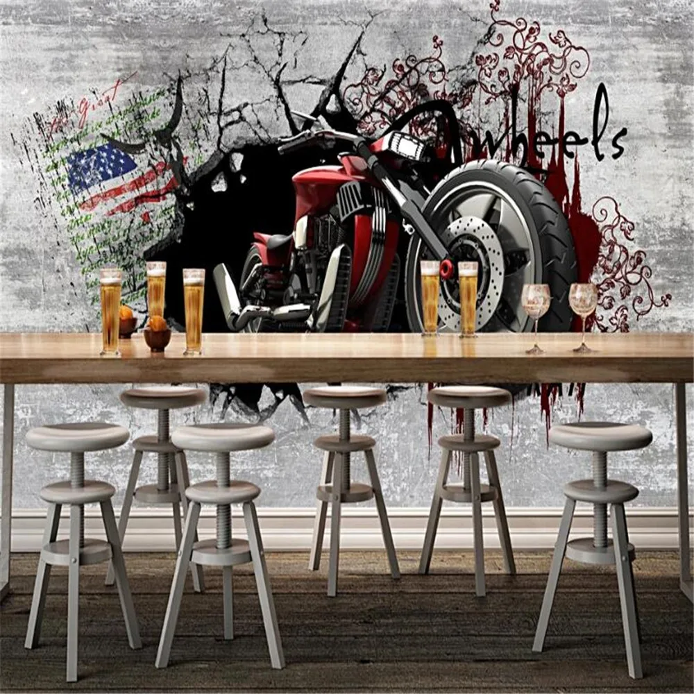 Milofi custom 3D European retro nostalgic wall 3D broken wall motorcycle wallpaper mural wall covering photo wall