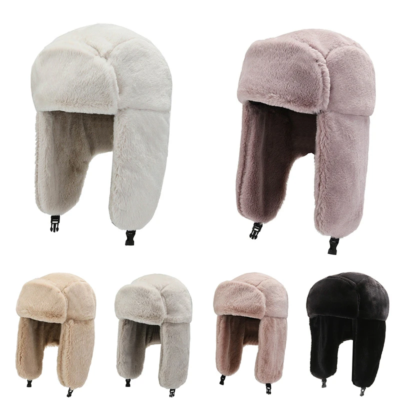 brown leather bomber hat Fashion Women Winter Warm Faux Fur Bomber Hats Black White Solid Color Thicken Earflap Caps Autumn Winter Ear Protect Ski Hat best men's bomber hats