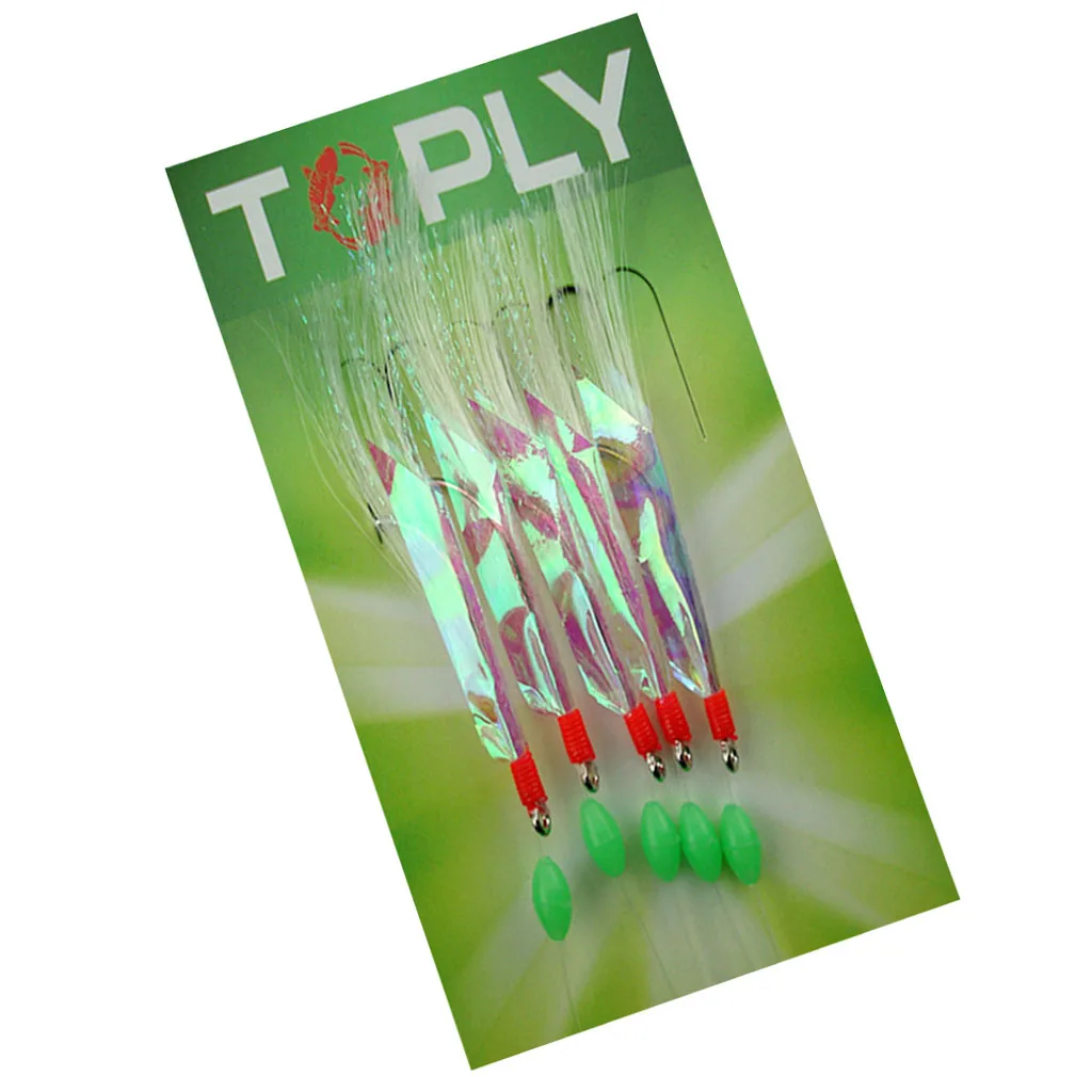5Pcs Fishing Rigs Barbed Hooks 3/0 High Luminous foil strips Reflective Glow Beads & Lure Baits Multiple Sparkle Tinsel Strands