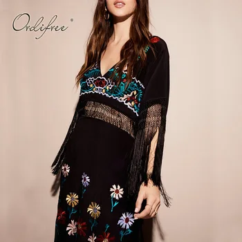 

Ordifree 2020 Summer Boho Women Floral Maxi Dress Vintage Tassel Flower Embroidery Black Sexy Split Long Dress