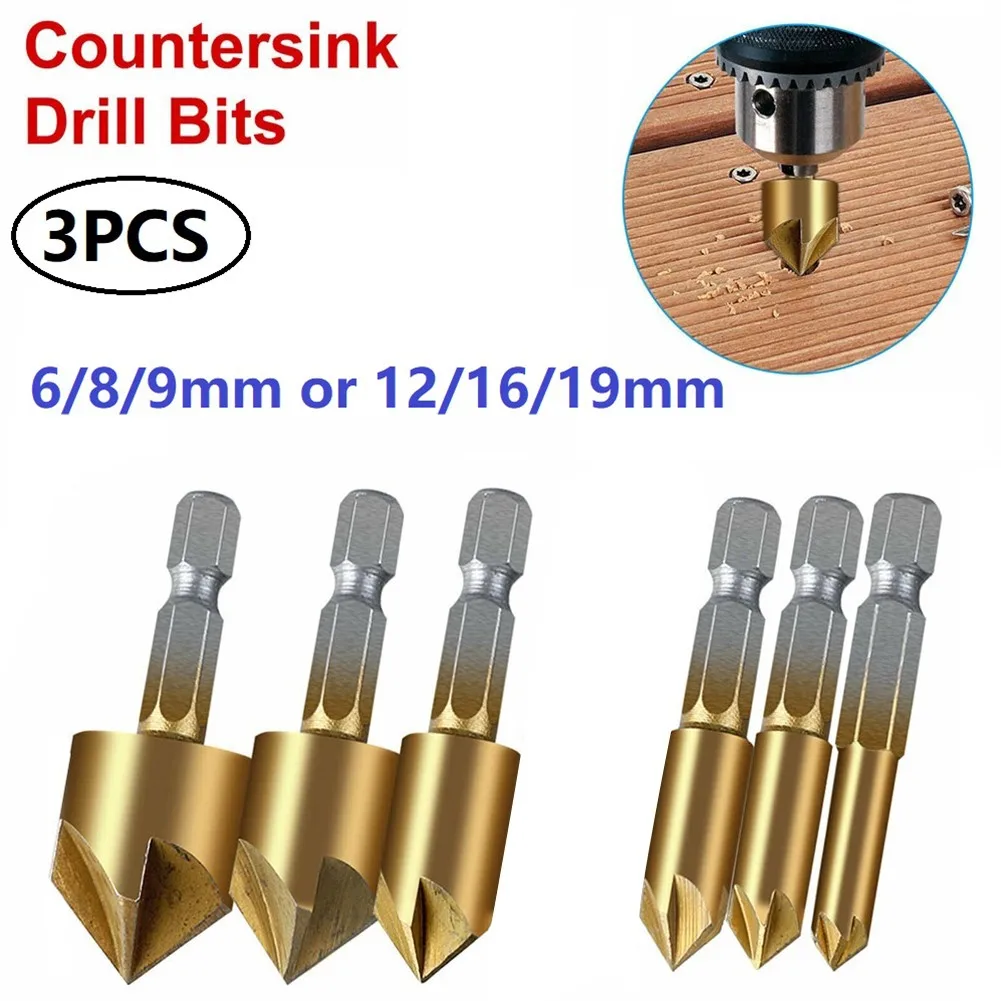 3pcs HSS Chamfer Countersink Chamfer Drill Bit 1/4" Hex Shank 90 Degree