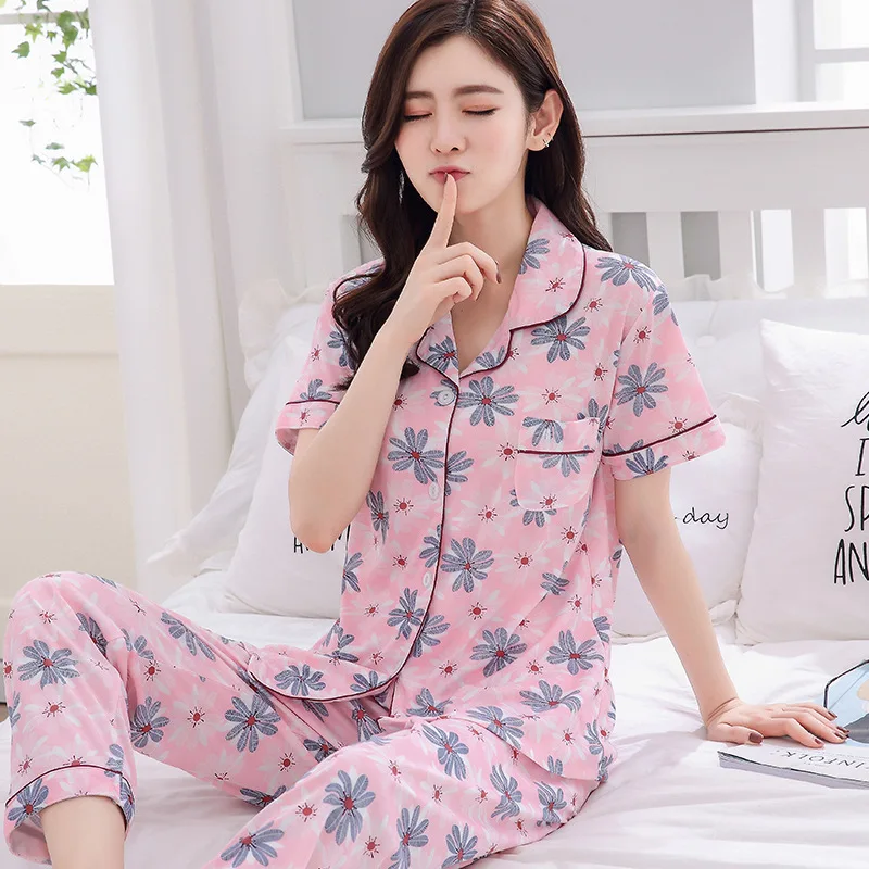 

Pajamas Tracksuit Women Summer Set-Outer Wear with Cotton Short Sleeve Trousers Cardigan Women's Summer Knit Loose-Fit Casual