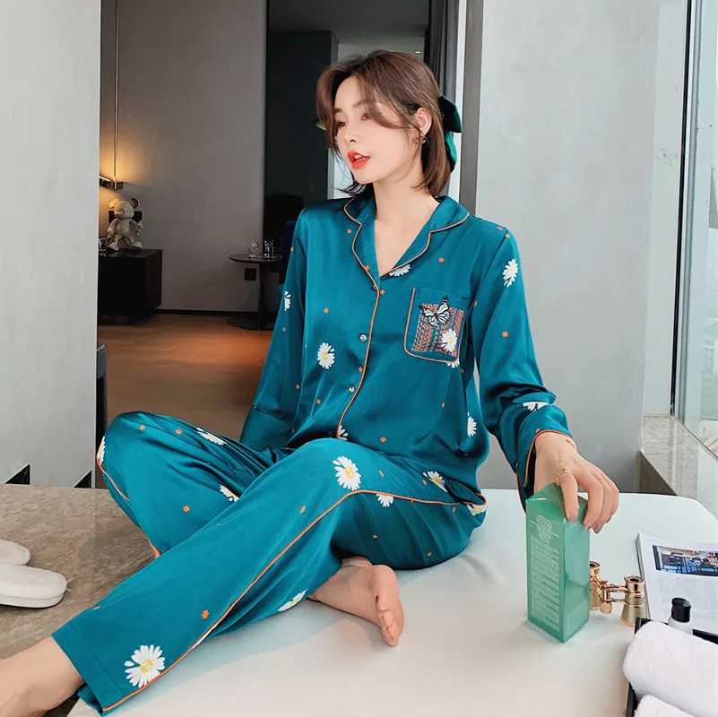 

Long Sleeve Pajamas Women 2020 Autumn New 2PCS Sleep Set Loose Casual Lady Home Clothes Printed Flower Lapel Shirt&Pants Suit