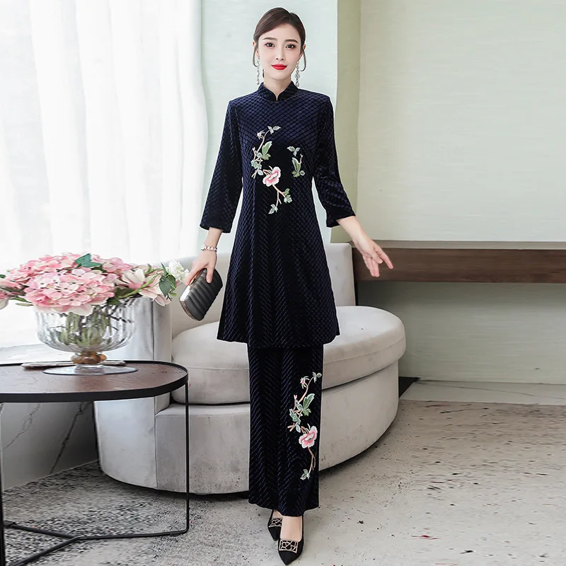 

2019 Autumn New Style Ethnic-Style Gold Velvet Middle-aged Women Dress Two-Piece Women's Middle-aged Embroidered Loose-Fit Loose