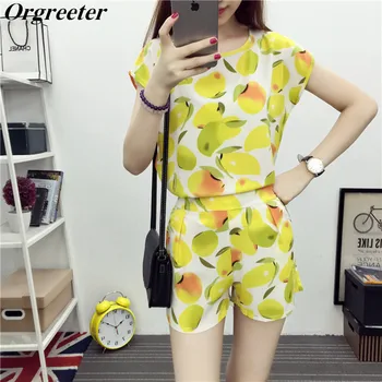 

Summer Fashion Suit Bat sleeve Chiffon Shirt and Shorts Two piece Set Women Mango Print O-neck Short Sleeve Elastic Waist Shorts