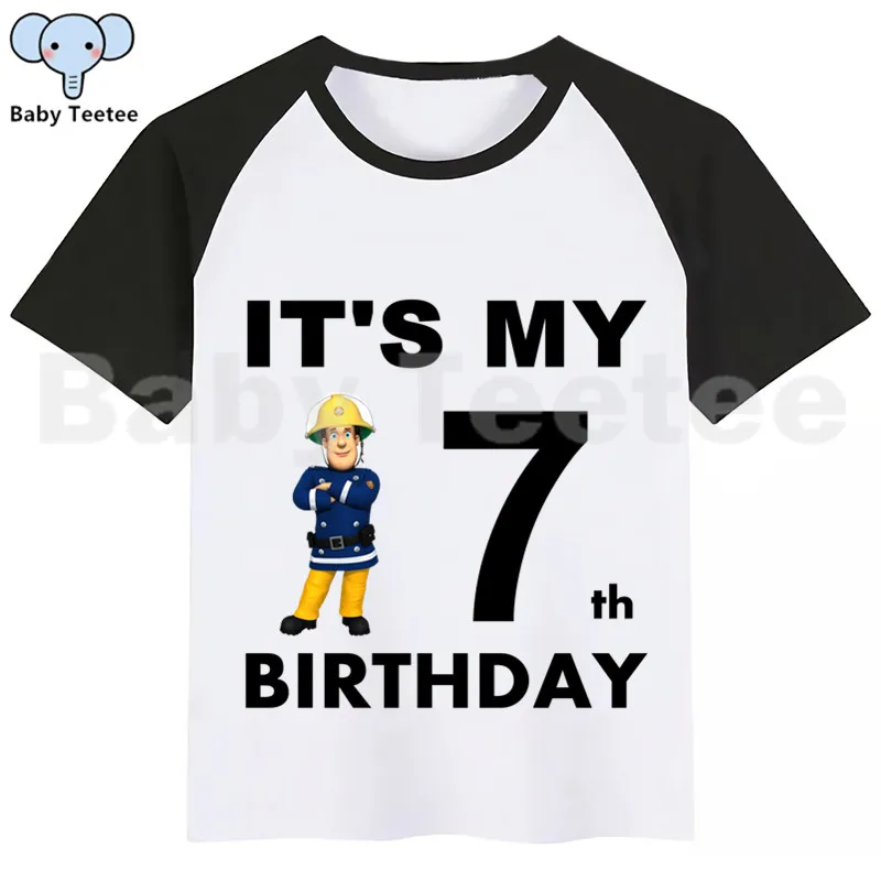 Для мальчиков и девочек с рисунками из мультфильма «Пожарный Сэм» футболка «С Днем Рождения» для детей Костюмы топы для девочек Футболка для мальчиков Дети пожарником Сэмом детская футболка «С Днем Рождения» - Цвет: BlackG