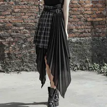Панк рейв Новая женская поддельная юбка из двух частей модная клетчатая черная Асимметричная шифоновая юбка женская сексуальная клубная готическая юбка с высокой талией