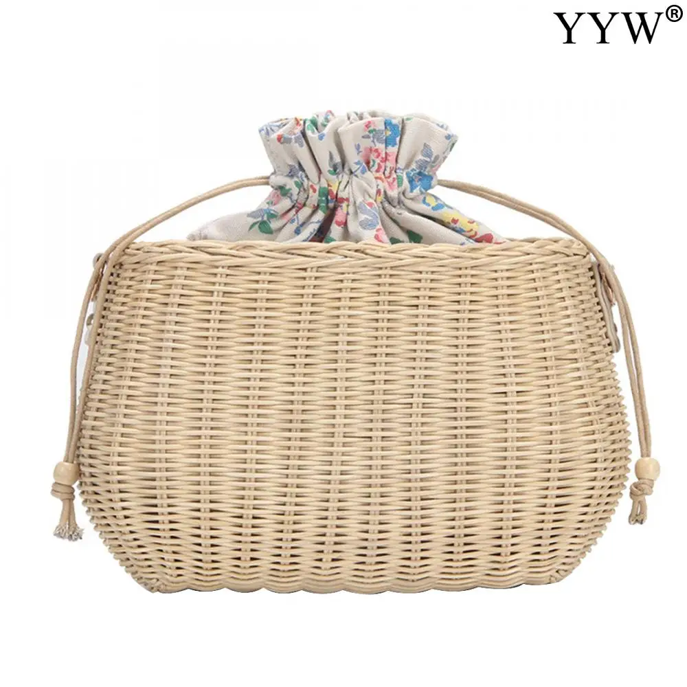 Stroh Tasche Frauen Woven Schulter Tasche Blume String Bogen Rattan Tasche Große Kapazität Kordelzug Casual Strand Schulter Crossbody-tasche