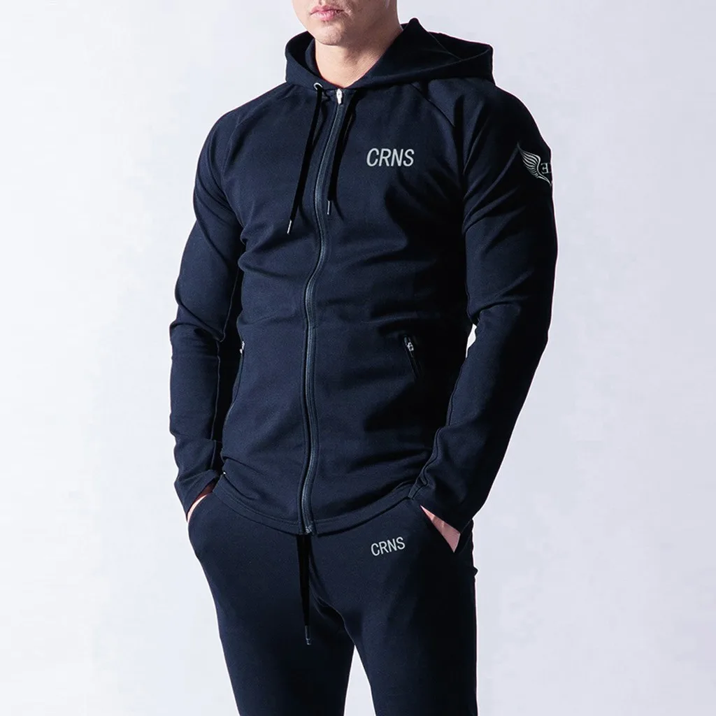 Running Sets Men Sport Suits Sportswear Set Polyester Fitness Training Gym Cycling Tracksuit Zip Pocket Jogging Suit#D