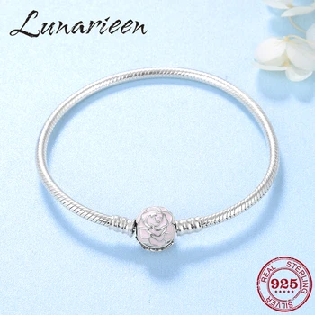 

2019 Fine Female Jewelry Pink Sides Rose Flower Women Bracelets Bangles Authentic 925 Sterling Silver Flexible snake bone chain