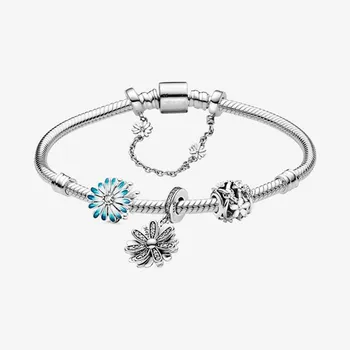 

925 Sterling Silver Original Pan Fresh Blue Daisy Flower Clasp Snake Bracelet Set Bead Charms Women Elegant Gifts Jewelry