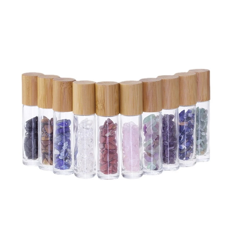 10ml Natural Gemstone Glass Roller Bottles Essential Oil Jade Roll on Vivals with Natural Bamboo Cover 10pcs/lot P224