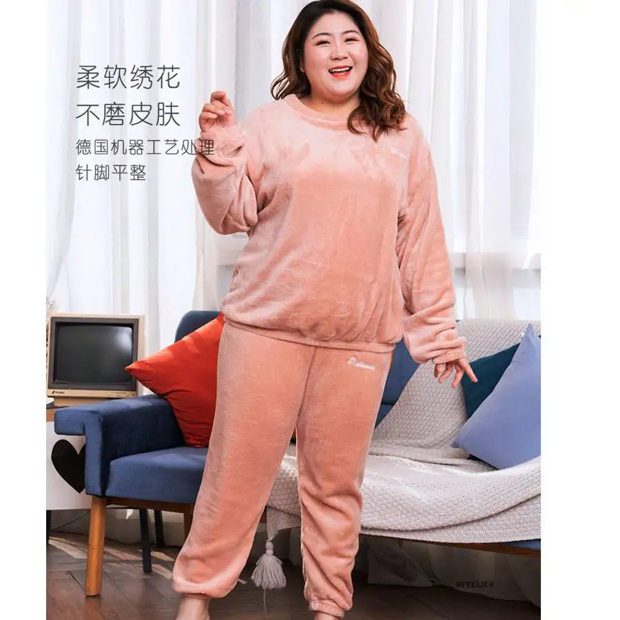 Size 10XL 140kg Winter Warm Coral Fleece Pajamas Sets Long Sleeve Top and Pants Sleepwear Suit Home Women Female Sleepwear pyjamas for women